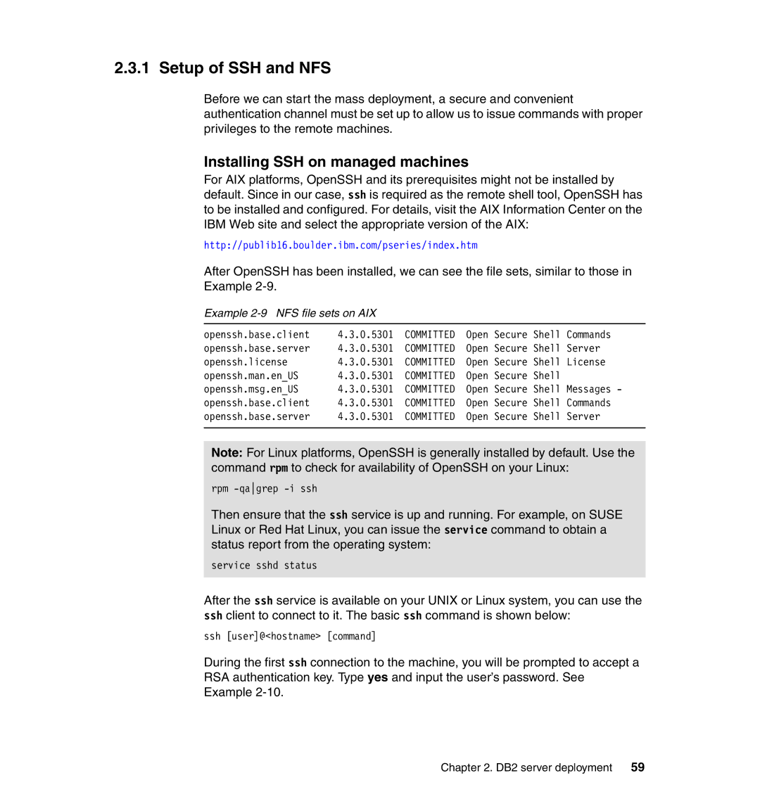 IBM DB2 manual Setup of SSH and NFS, Installing SSH on managed machines, Example 2-9 NFS file sets on AIX 