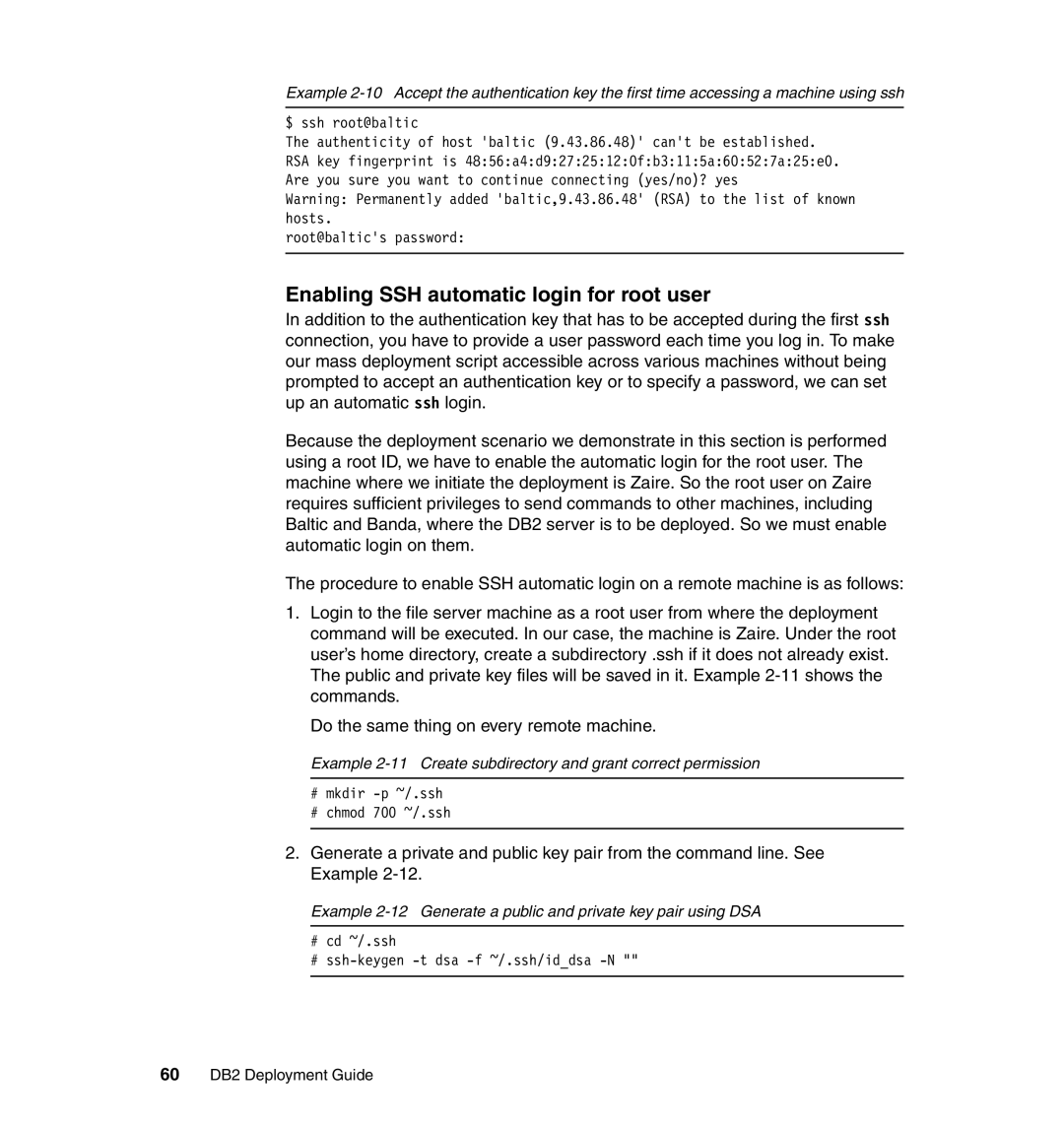 IBM manual Enabling SSH automatic login for root user, 60 DB2 Deployment Guide 