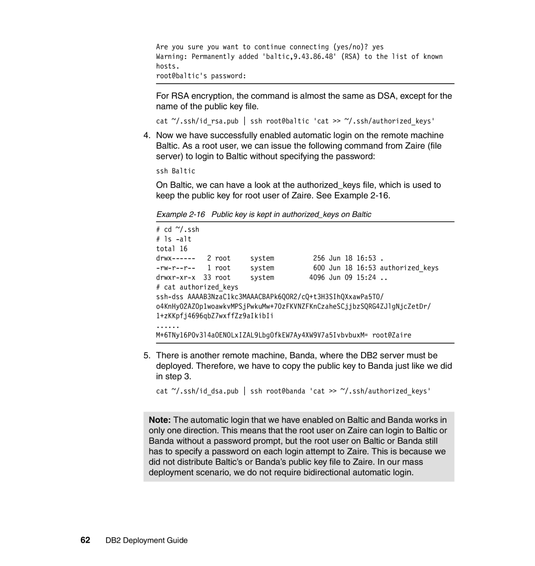 IBM manual Example 2-16 Public key is kept in authorizedkeys on Baltic, 62 DB2 Deployment Guide 