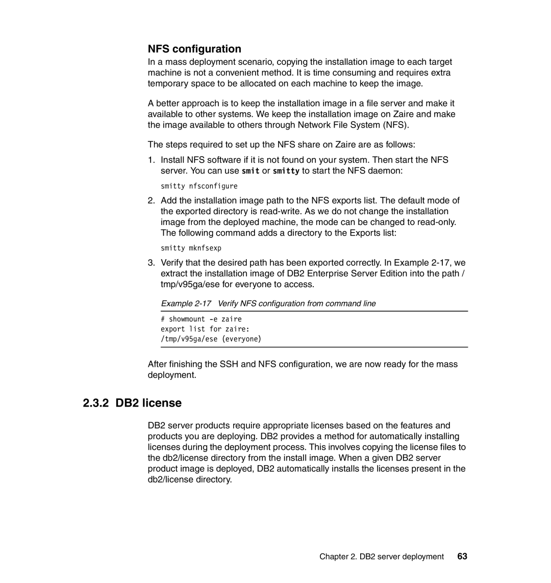 IBM manual 2 DB2 license, Example 2-17 Verify NFS configuration from command line 