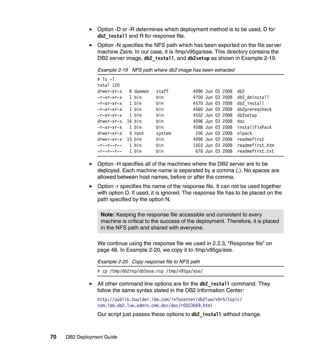 IBM DB2 manual Example 2-19 NFS path where db2 image has been extracted, Example 2-20 Copy response file to NFS path 