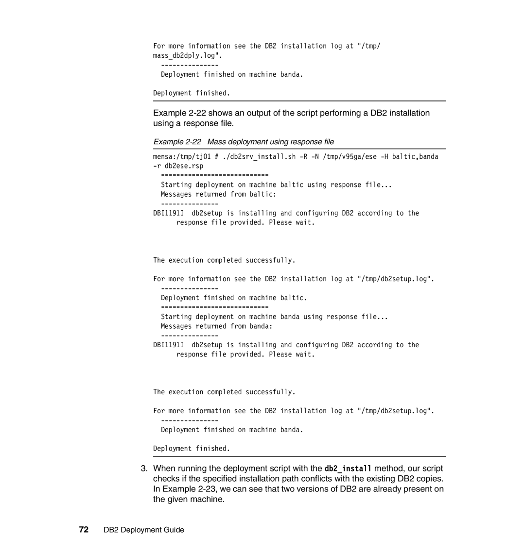 IBM manual Example 2-22 Mass deployment using response file, 72 DB2 Deployment Guide 