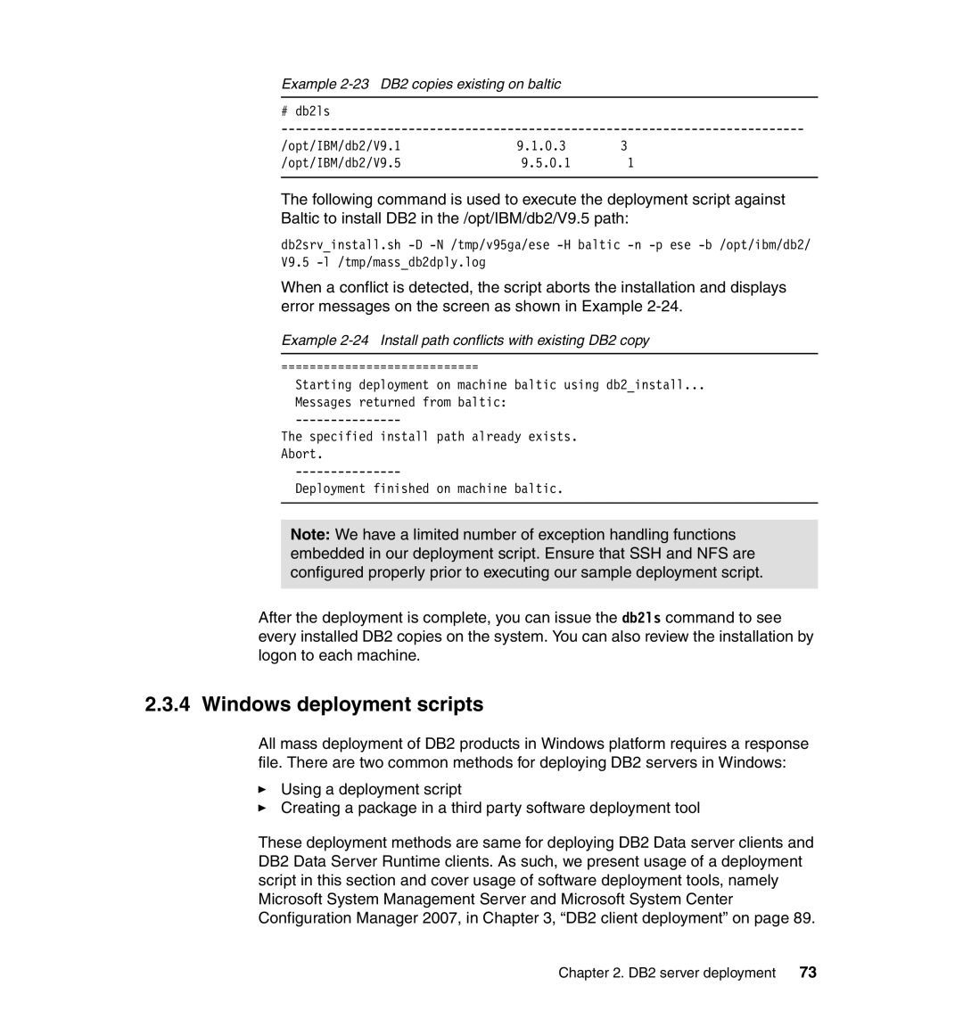 IBM manual Windows deployment scripts, Example 2-23 DB2 copies existing on baltic 