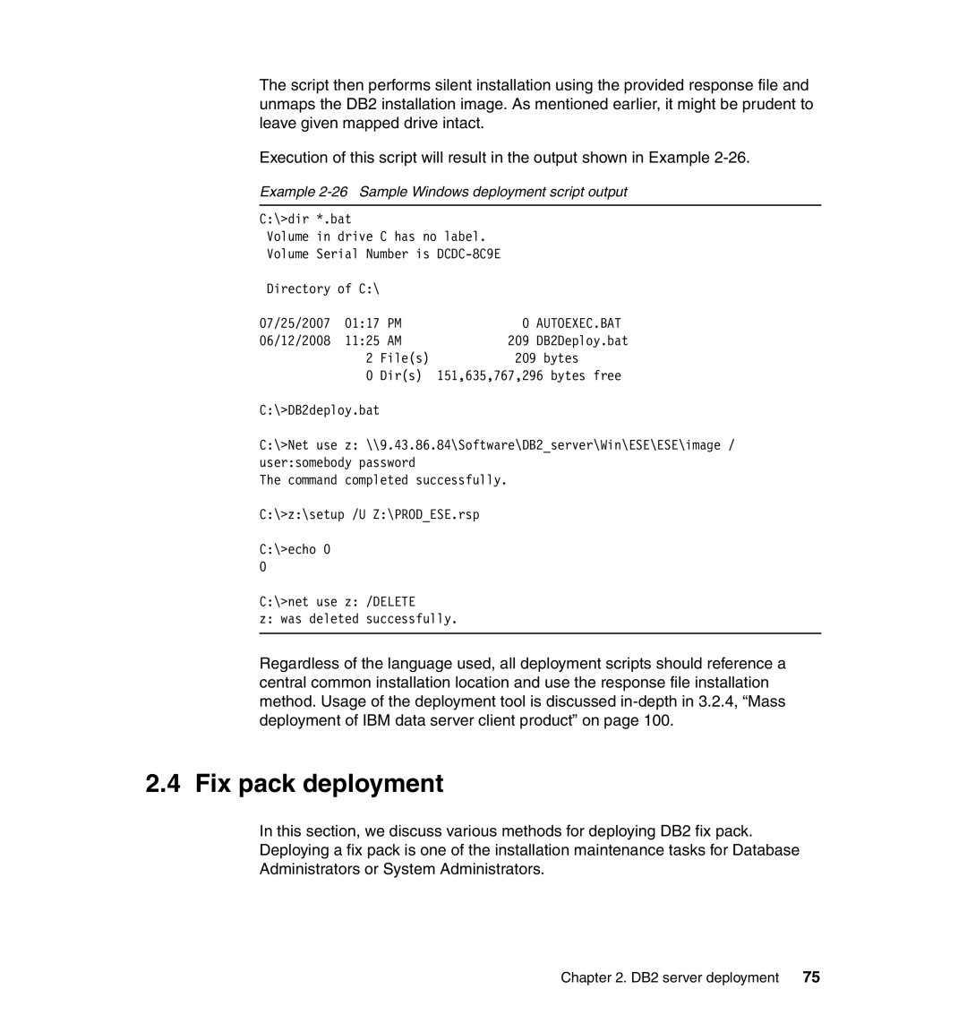 IBM DB2 manual Fix pack deployment, Example 2-26 Sample Windows deployment script output 