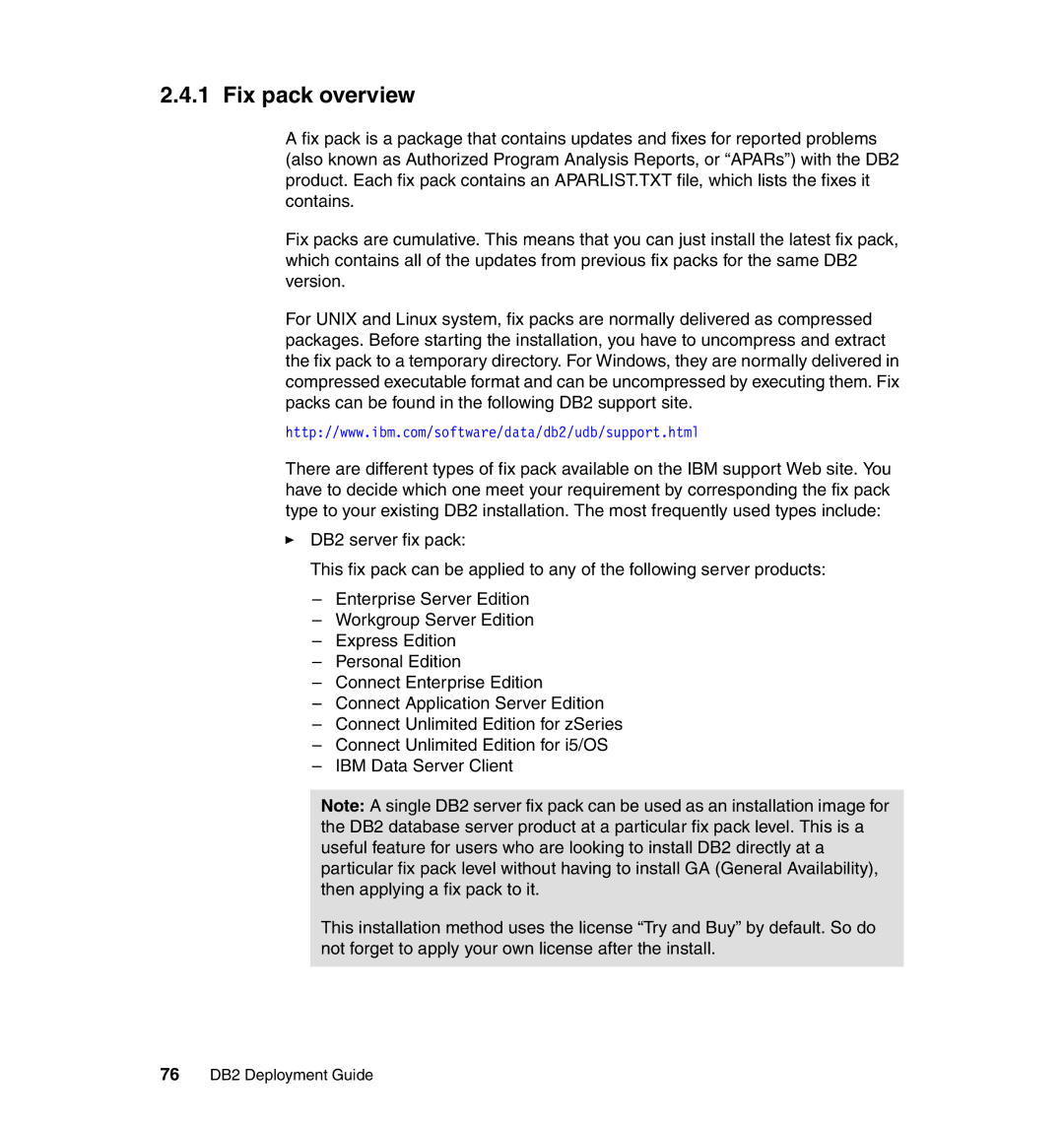 IBM manual Fix pack overview, 76 DB2 Deployment Guide 