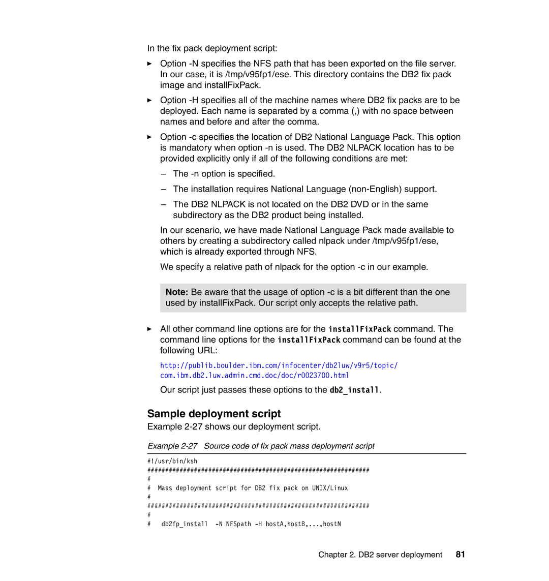 IBM DB2 manual Sample deployment script, Example 2-27 Source code of fix pack mass deployment script 