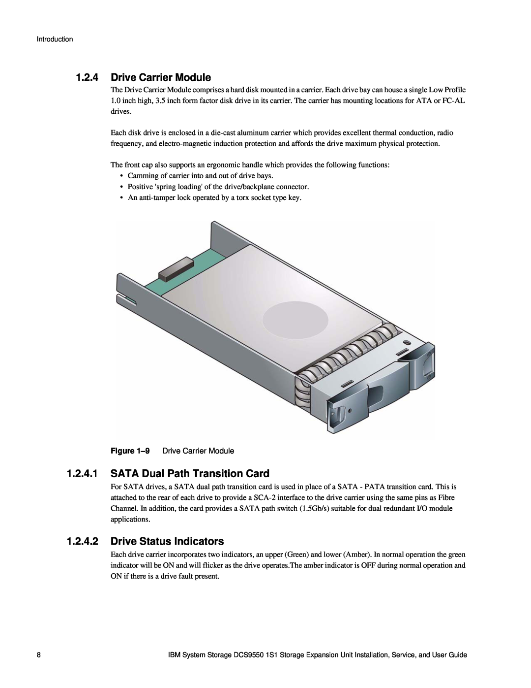 IBM DCS9550 1S1 manual Drive Carrier Module, SATA Dual Path Transition Card, Drive Status Indicators 