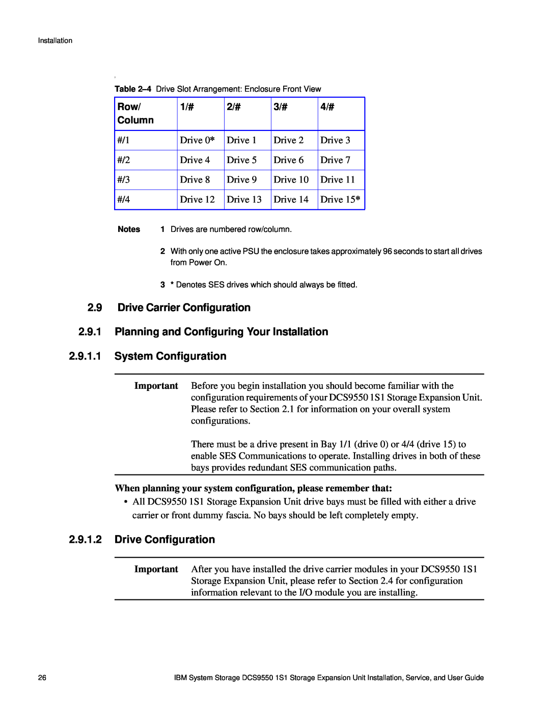 IBM DCS9550 1S1 Drive Carrier Configuration, Planning and Configuring Your Installation, System Configuration, Column 