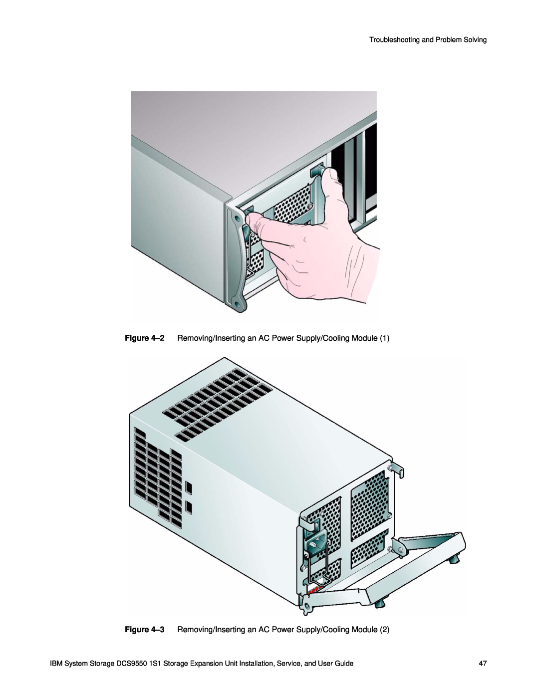 IBM DCS9550 1S1 manual 2 Removing/Inserting an AC Power Supply/Cooling Module, Troubleshooting and Problem Solving 