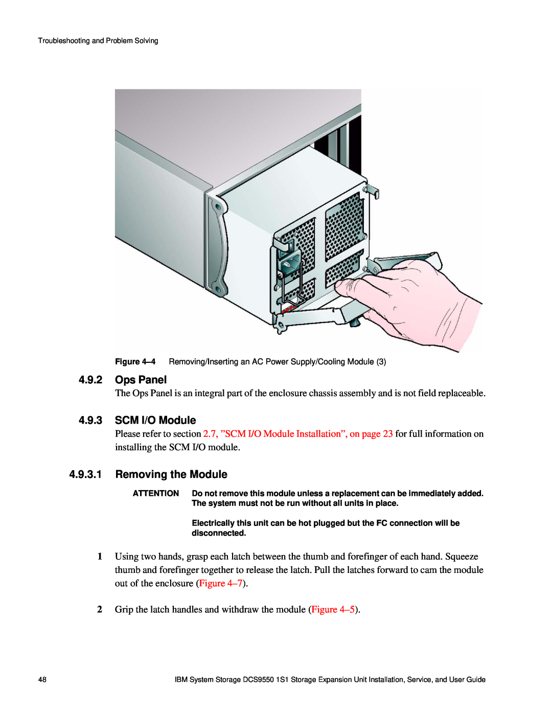 IBM DCS9550 1S1 manual Ops Panel, SCM I/O Module, Removing the Module 