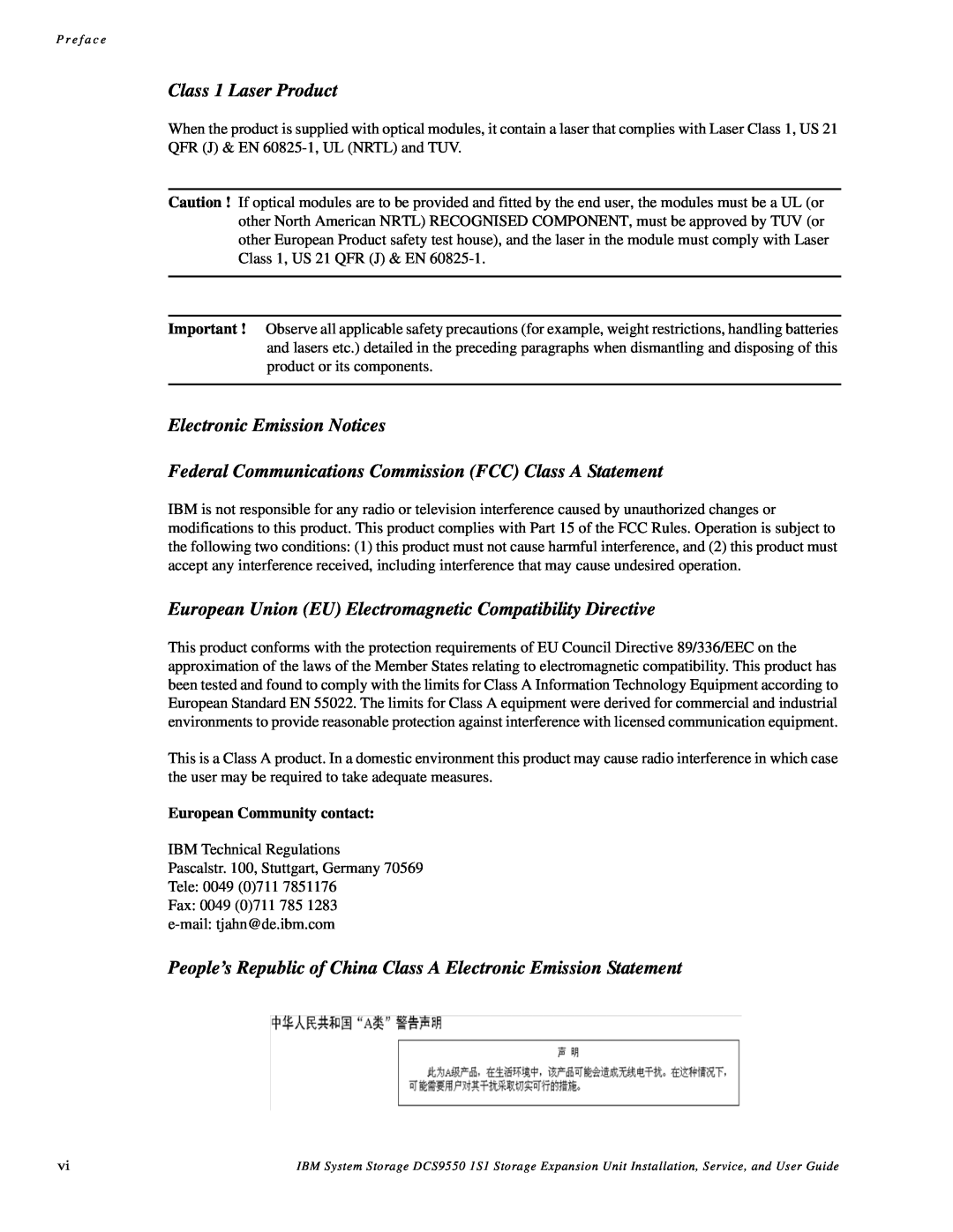 IBM DCS9550 1S1 manual Class 1 Laser Product, Electronic Emission Notices, European Community contact 