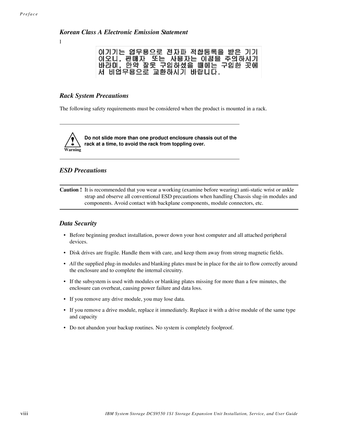 IBM DCS9550 1S1 manual ESD Precautions Data Security 