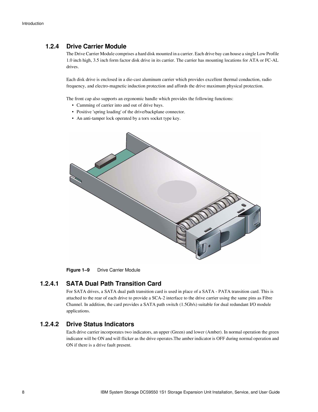 IBM DCS9550 1S1 manual Drive Carrier Module, Sata Dual Path Transition Card, Drive Status Indicators 