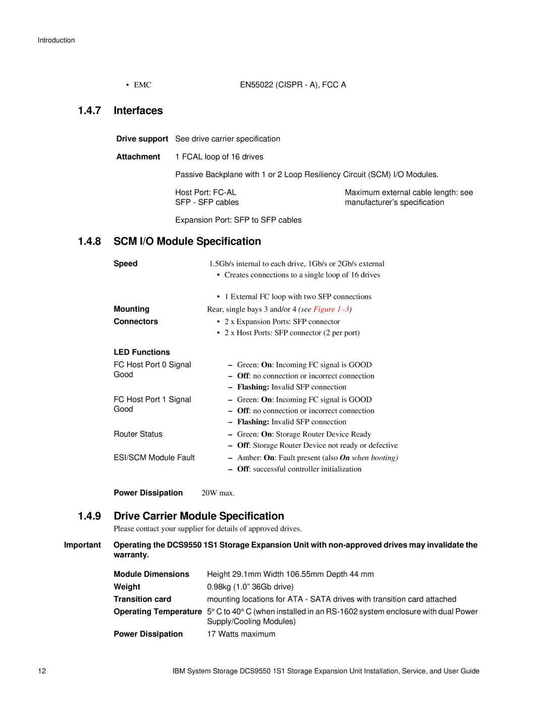 IBM DCS9550 1S1 manual Interfaces, SCM I/O Module Specification, Drive Carrier Module Specification 