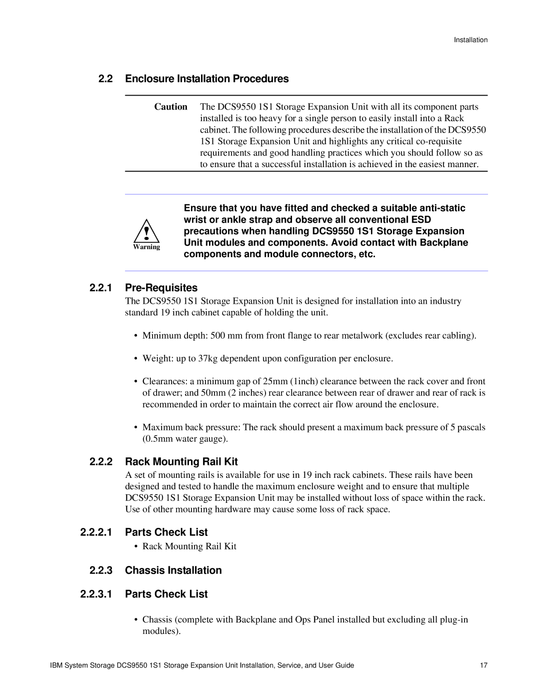 IBM DCS9550 1S1 manual Enclosure Installation Procedures, Pre-Requisites, Rack Mounting Rail Kit, Parts Check List 