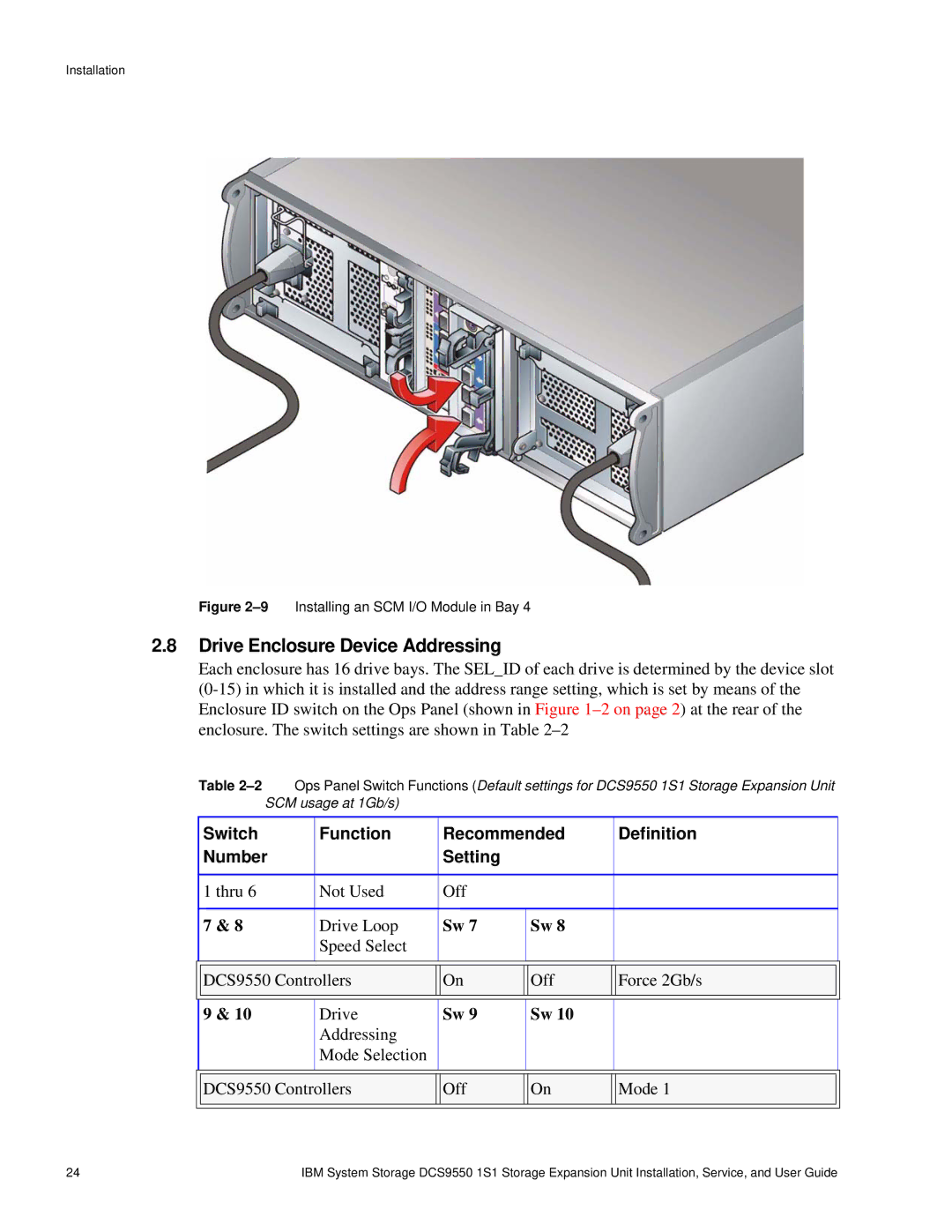 IBM DCS9550 1S1 manual Drive Enclosure Device Addressing, Switch Function Recommended Definition Number Setting 