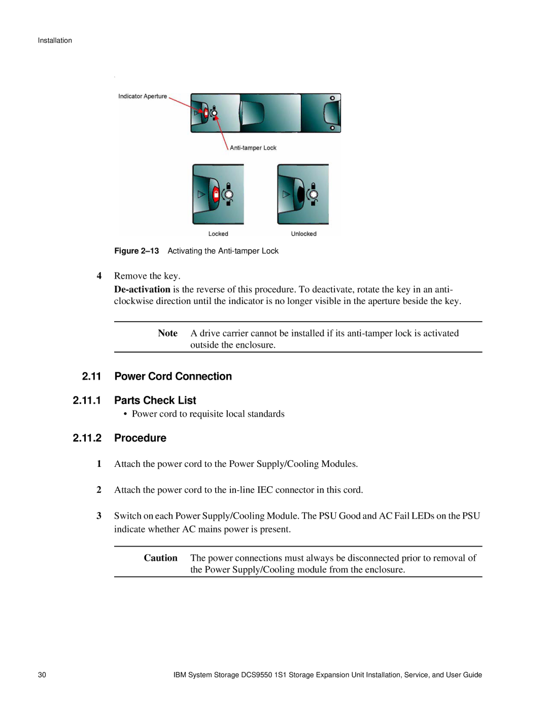 IBM DCS9550 1S1 manual Power Cord Connection Parts Check List, 13Activating the Anti-tamper Lock 