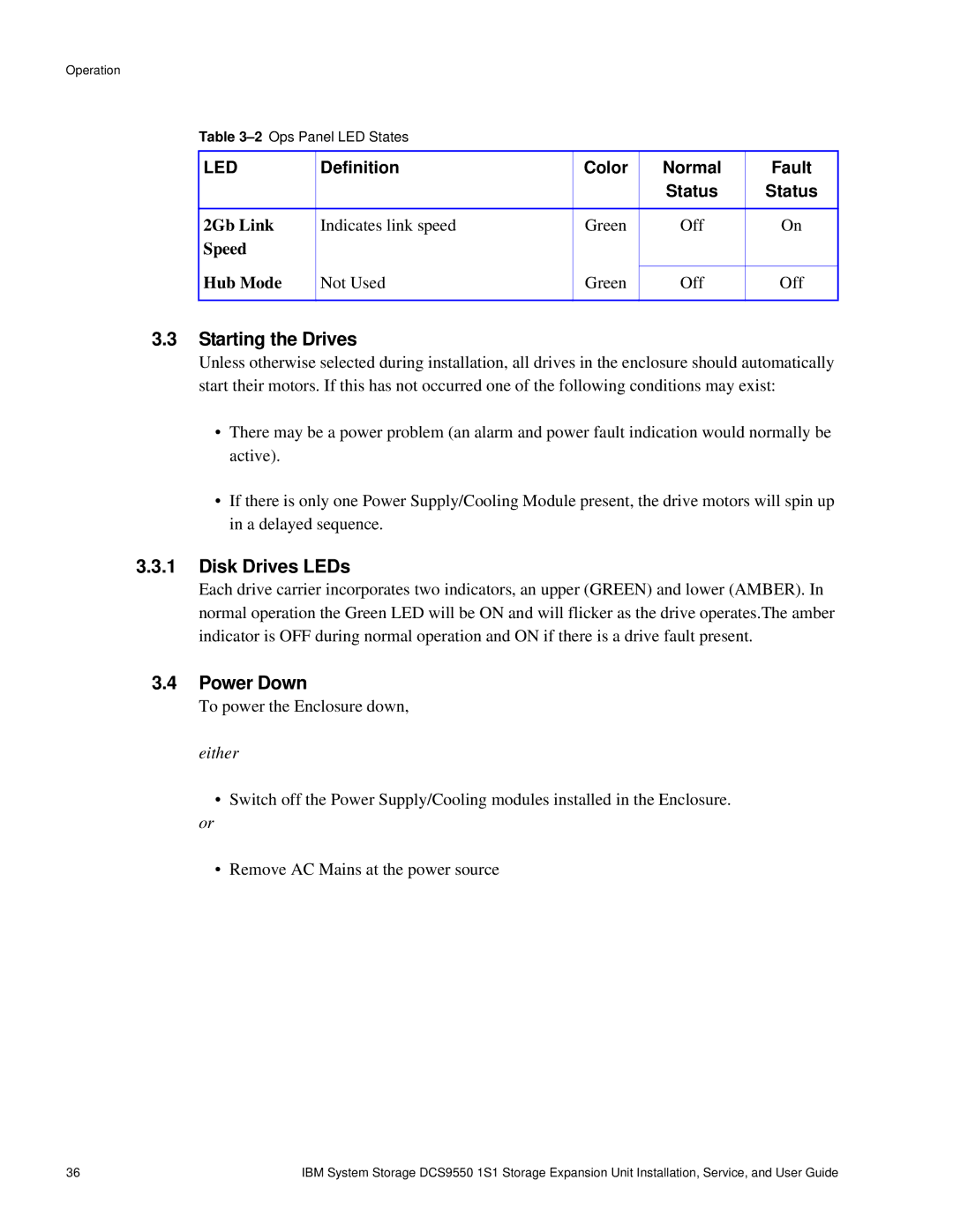 IBM DCS9550 1S1 manual Starting the Drives, Disk Drives LEDs, Power Down 