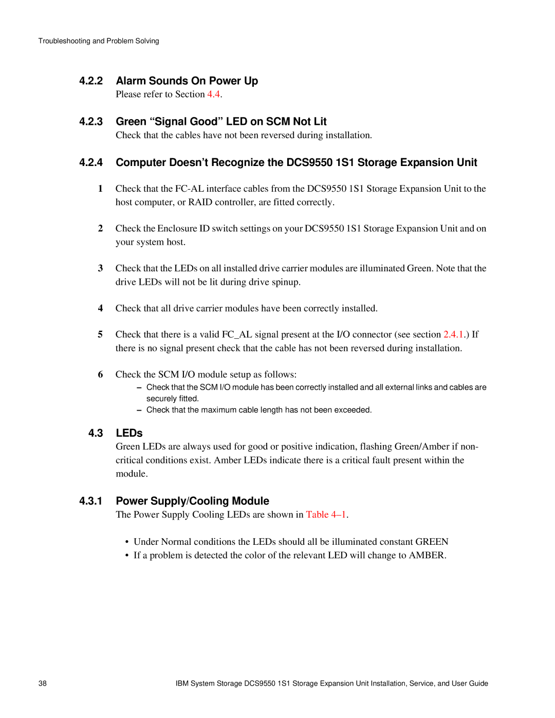 IBM DCS9550 1S1 manual Alarm Sounds On Power Up, Green Signal Good LED on SCM Not Lit, LEDs 