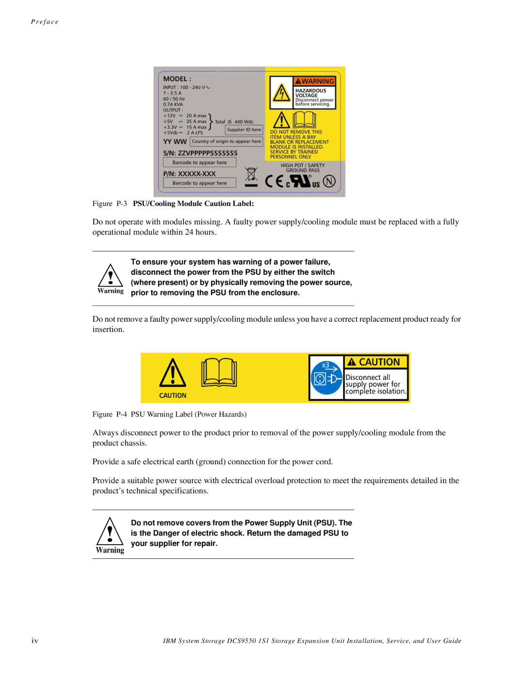 IBM DCS9550 1S1 manual Figure P-3PSU/Cooling Module Caution Label 