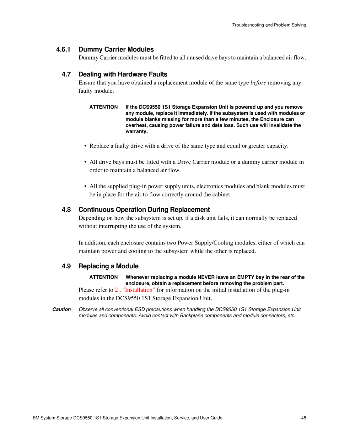 IBM DCS9550 1S1 manual Dealing with Hardware Faults, Continuous Operation During Replacement, Replacing a Module 