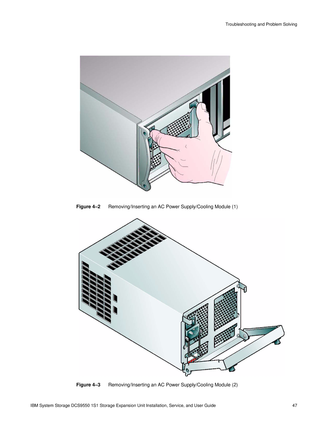 IBM DCS9550 1S1 manual 2Removing/Inserting an AC Power Supply/Cooling Module 