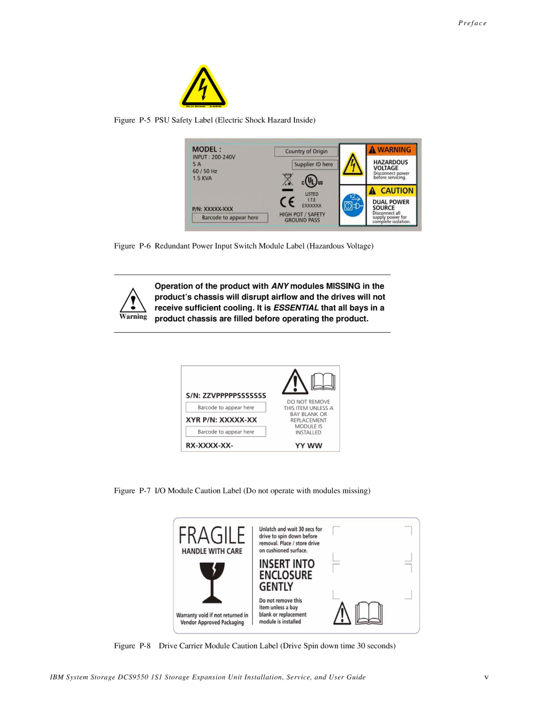 IBM DCS9550 1S1 manual Figure P-5 PSU Safety Label Electric Shock Hazard Inside 