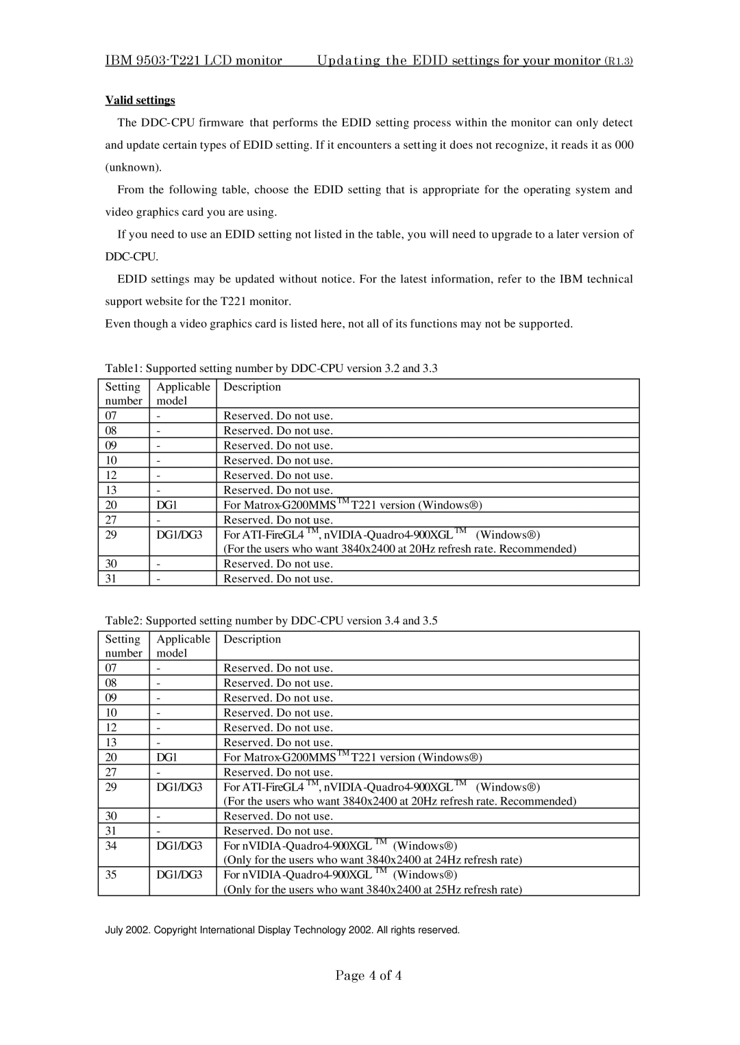 IBM 9503-T221 manual Valid settings, DG1/DG3 