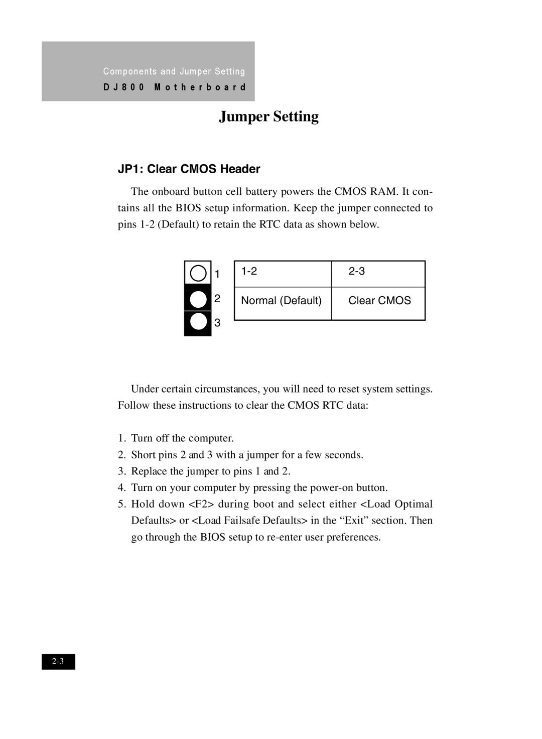 IBM DJ800 user manual JP1 Clear CMOS Header, Jumper Setting 
