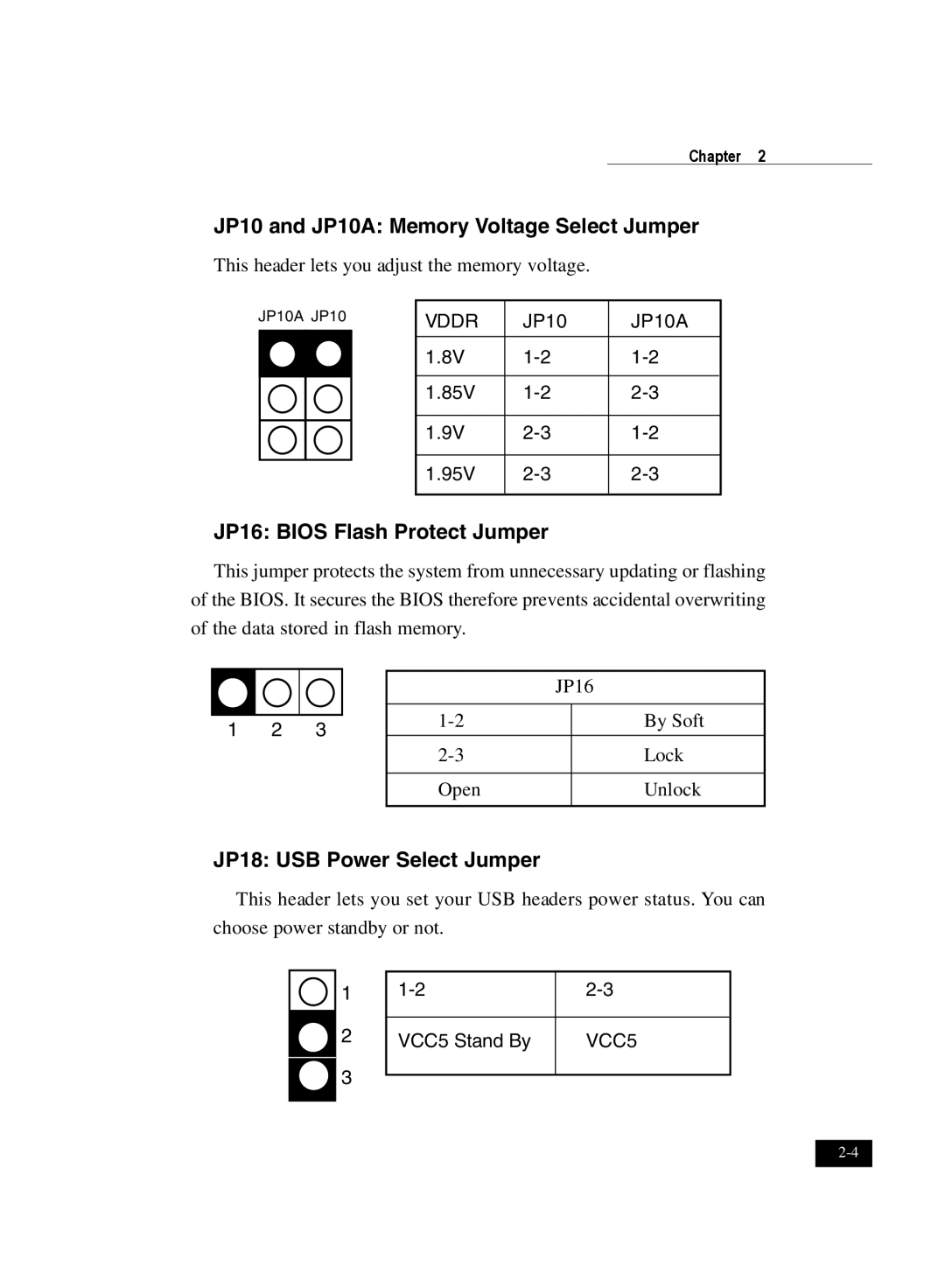 IBM DJ800 JP10 and JP10A Memory Voltage Select Jumper, JP16 BIOS Flash Protect Jumper, JP18 USB Power Select Jumper 