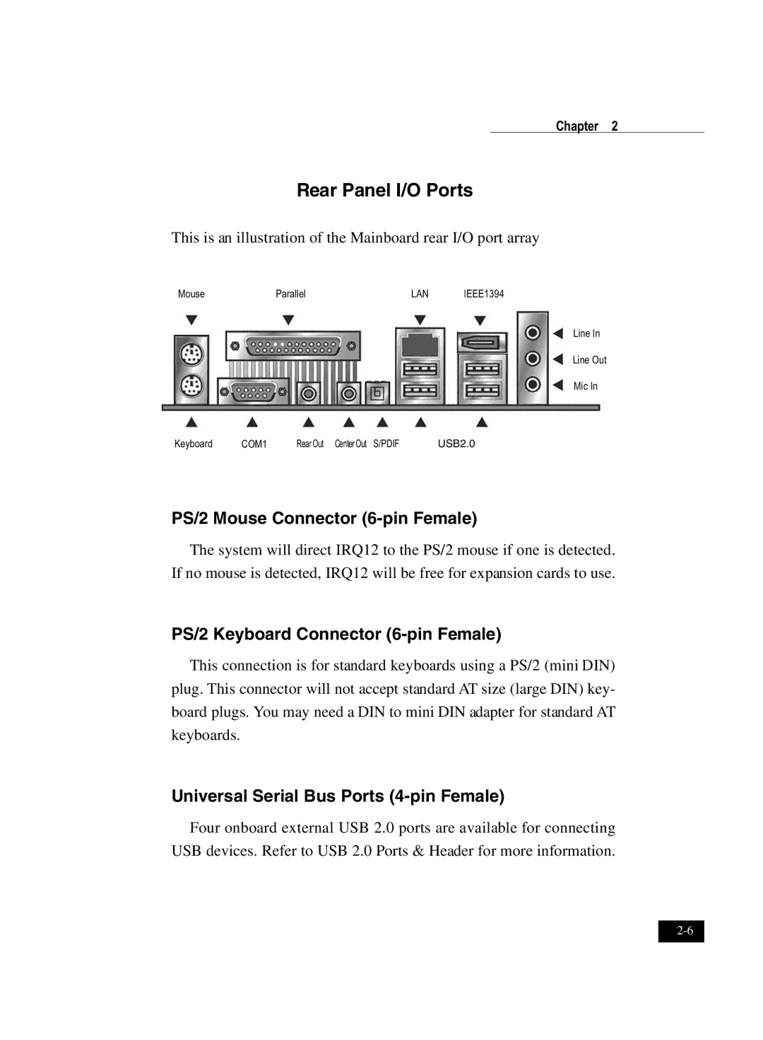 IBM DJ800 user manual Rear Panel I/O Ports, PS/2 Mouse Connector 6-pin Female, PS/2 Keyboard Connector 6-pin Female 