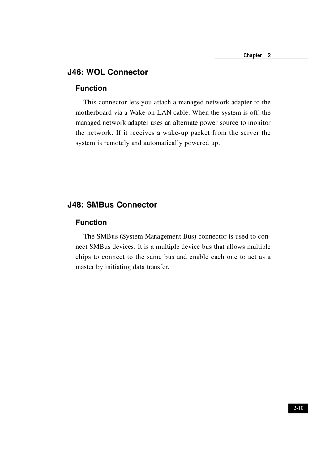 IBM DJ800 user manual J46 WOL Connector, J48 SMBus Connector, Function 