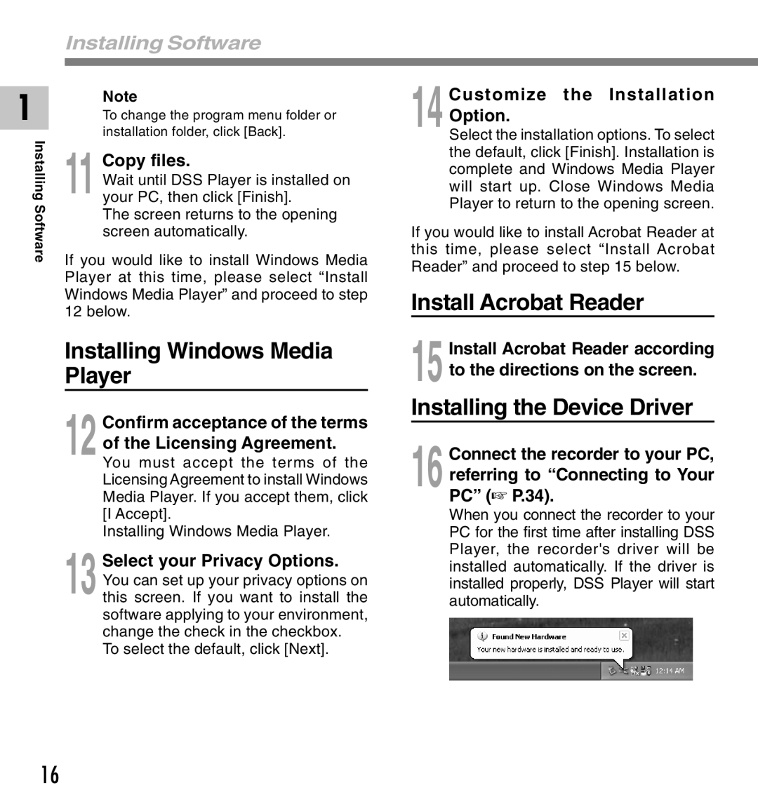 IBM DM-20 manual Installing Windows Media Player, Install Acrobat Reader, Installing the Device Driver, Installing Software 