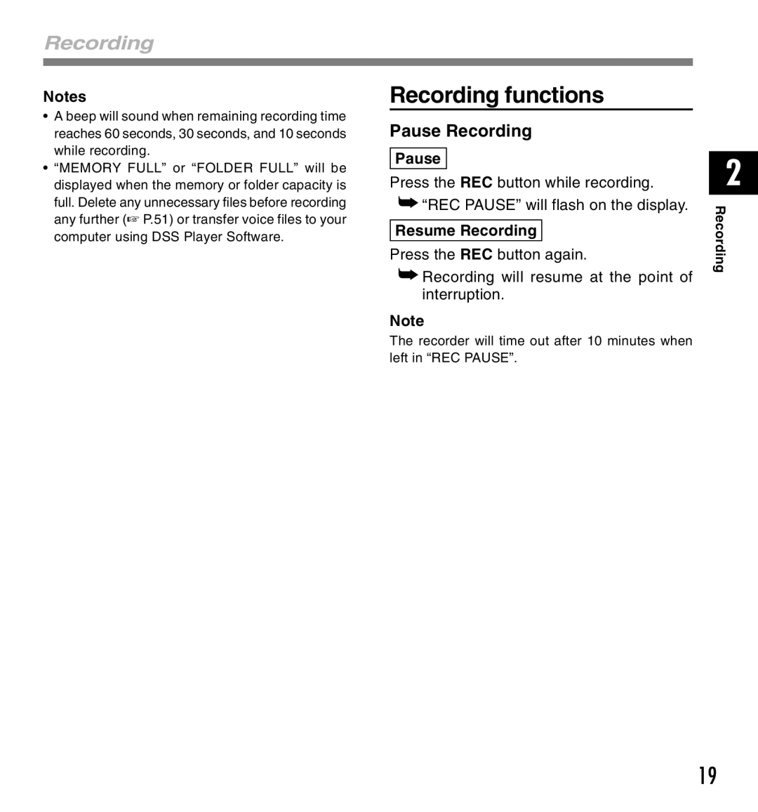 IBM DM-10, DM-20 manual Recording functions, Pause Recording, Resume Recording 