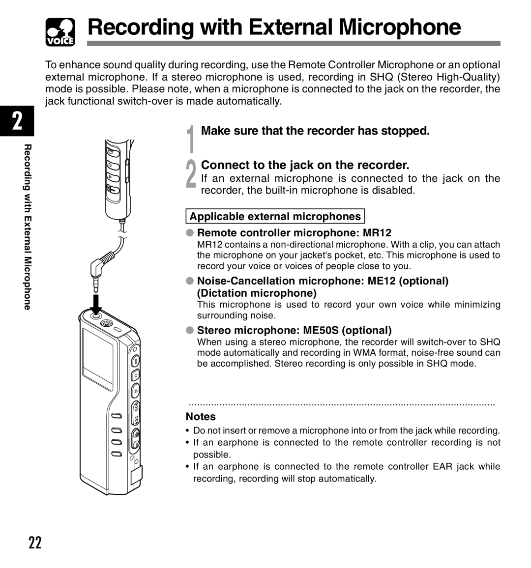 IBM DM-20, DM-10 manual Recording with External Microphone, Stereo microphone ME50S optional 