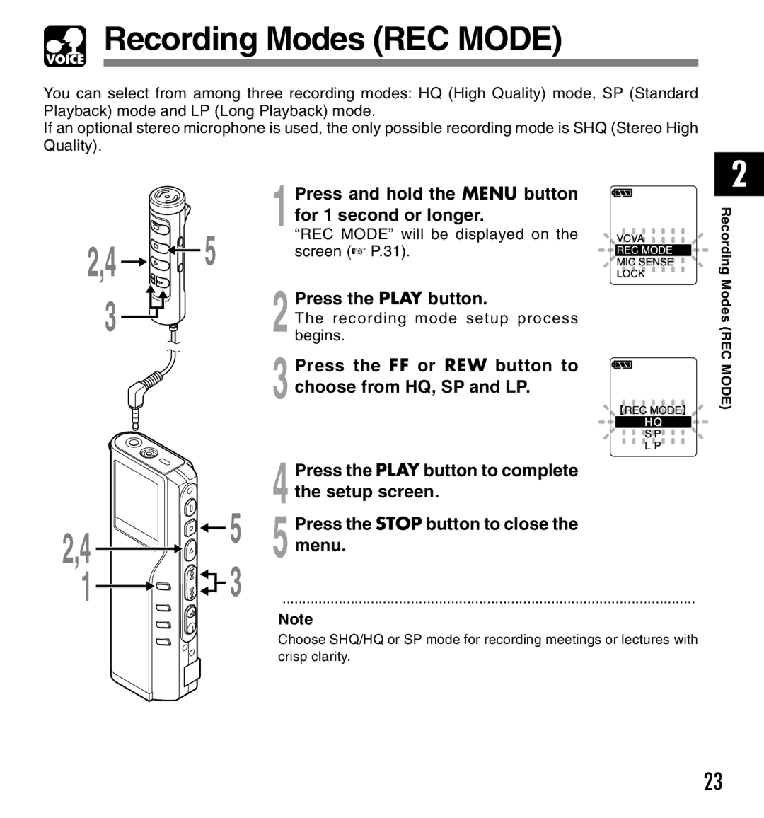 IBM DM-10, DM-20 manual Recording Modes REC Mode, Press the FF or REW button to choose from HQ, SP and LP 