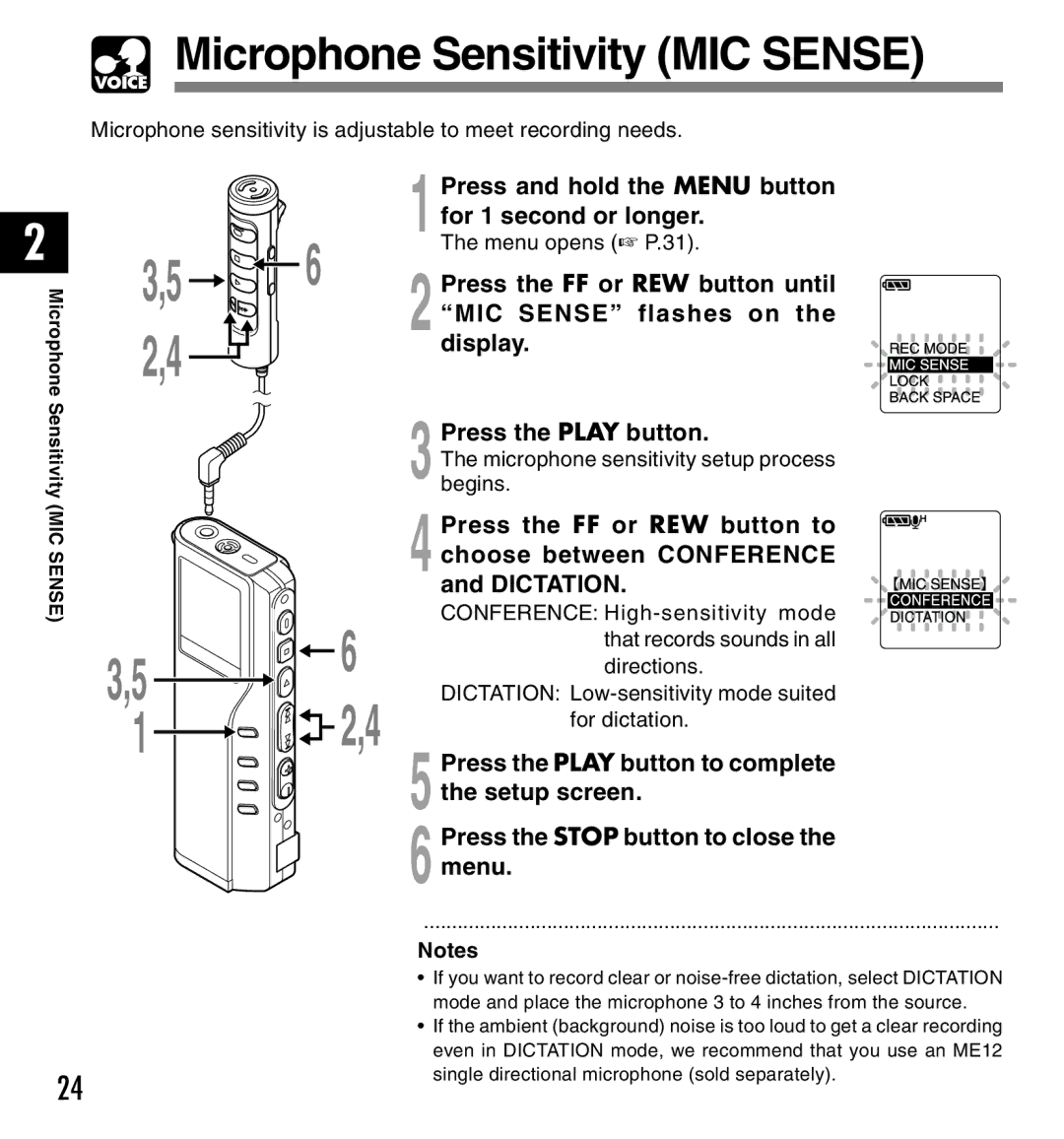 IBM DM-20, DM-10 manual Microphone Sensitivity MIC Sense, Press and hold the Menu button for 1 second or longer 