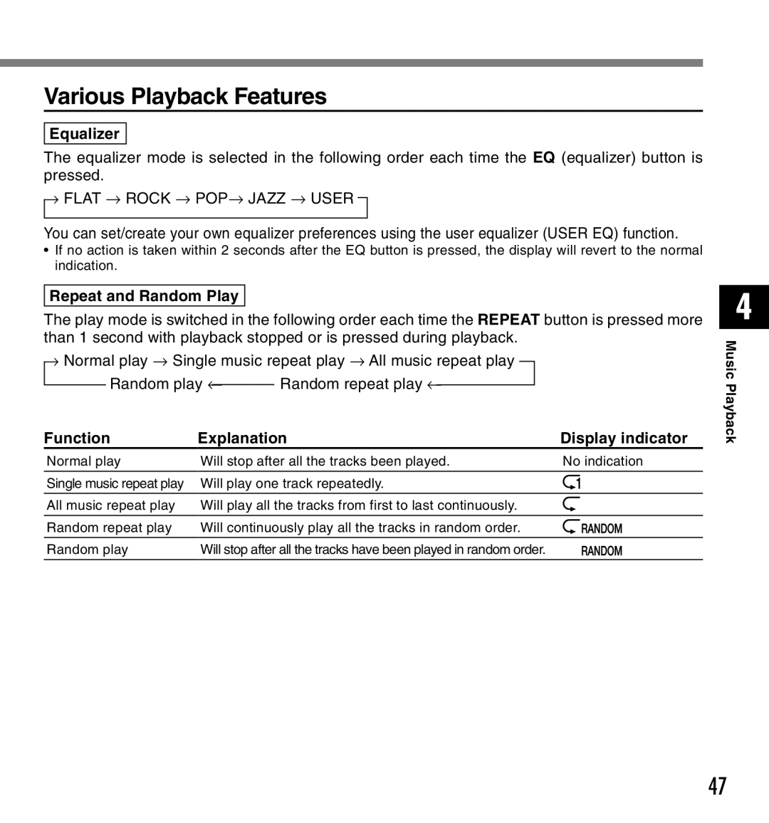 IBM DM-10, DM-20 Various Playback Features, Equalizer, Repeat and Random Play, Function, Explanation Display indicator 