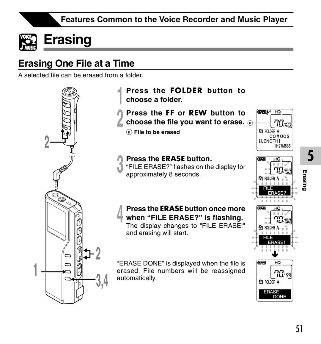 IBM DM-10, DM-20 manual Erasing One File at a Time, Press the Erase button 