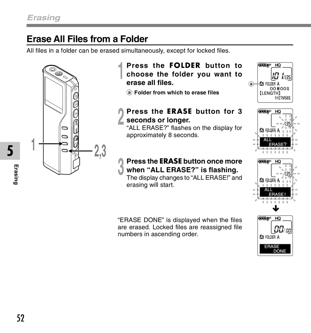 IBM DM-20, DM-10 manual Erase All Files from a Folder, Erasing, Press the Erase button for Seconds or longer 