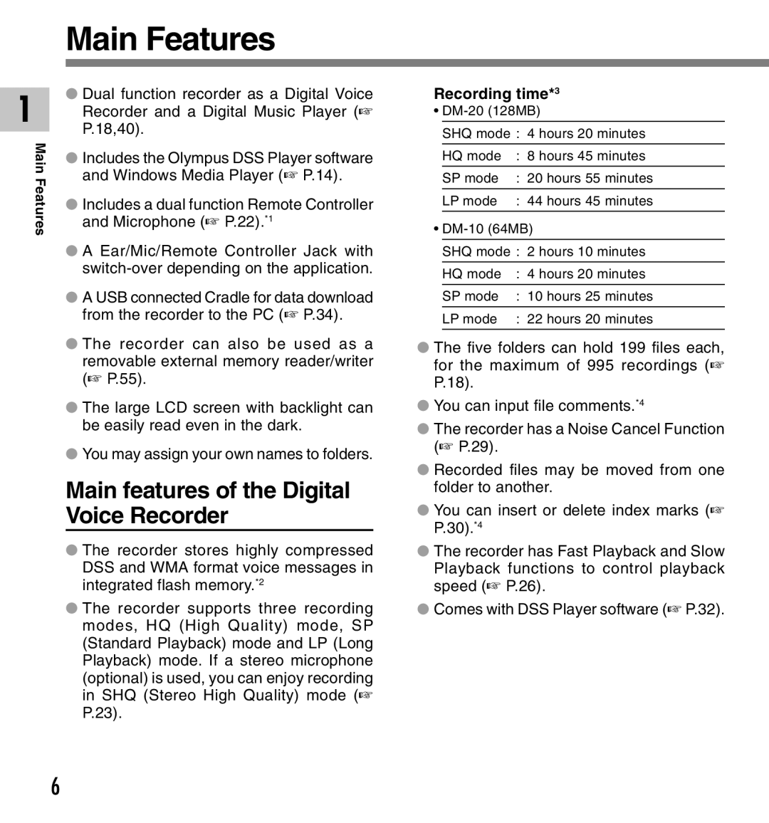 IBM DM-20, DM-10 manual Main Features, Main features of the Digital Voice Recorder, Recording time*3 