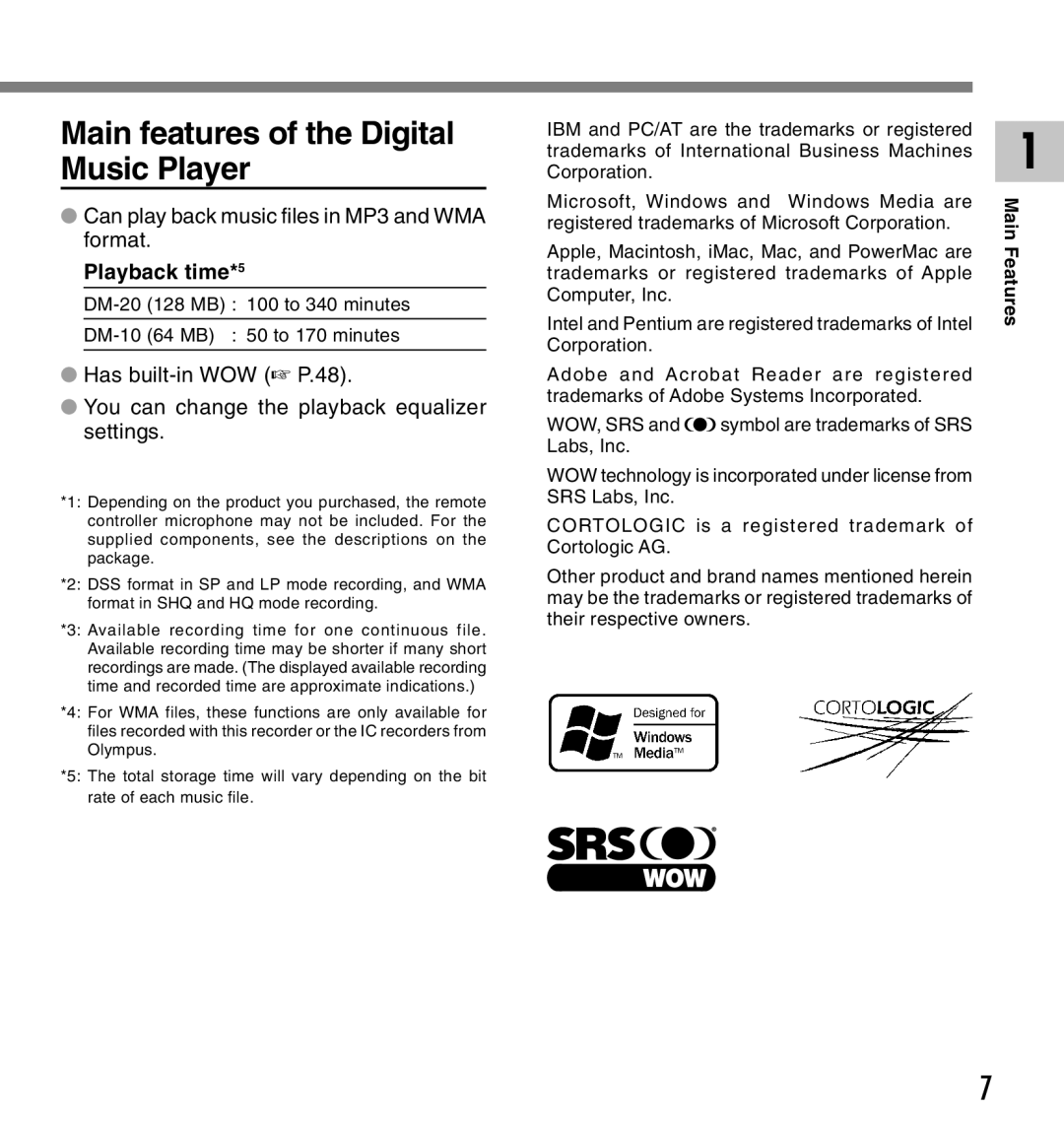 IBM DM-10, DM-20 manual Main features of the Digital Music Player, Playback time*5 