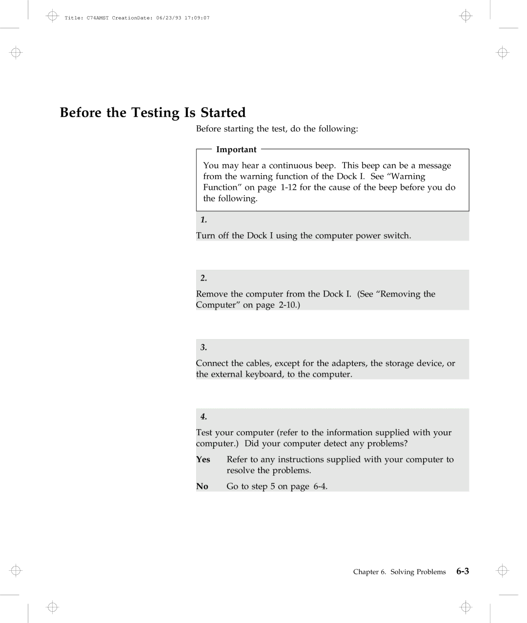 IBM Dock I manual Before the Testing Is Started 