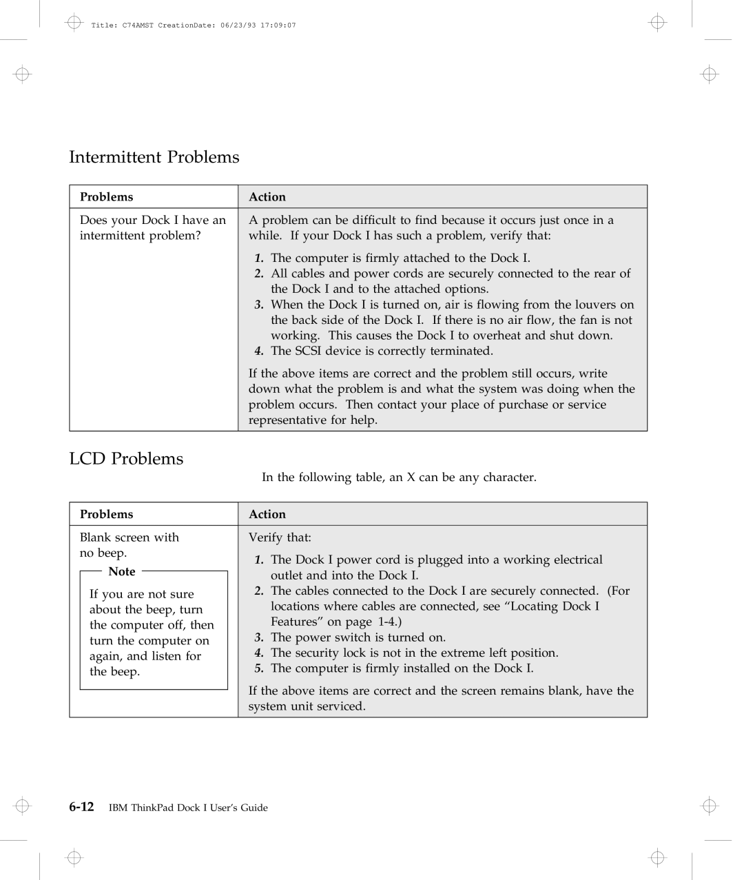 IBM Dock I manual Intermittent Problems, LCD Problems 