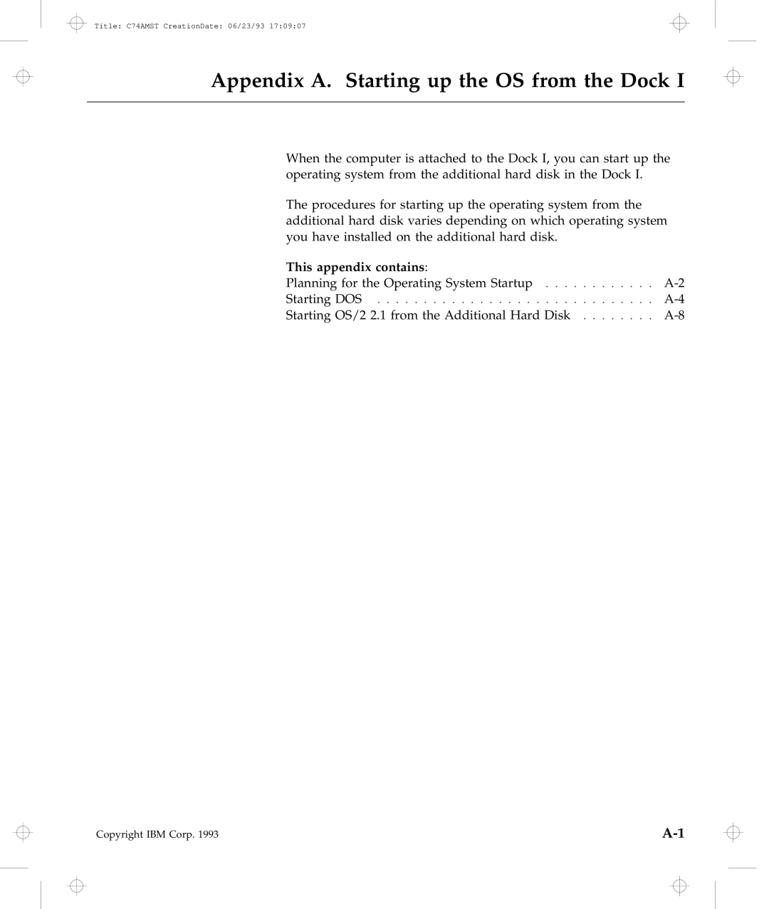 IBM Dock I manual Appendix A. Starting up the OS from the Dock, This appendix contains 