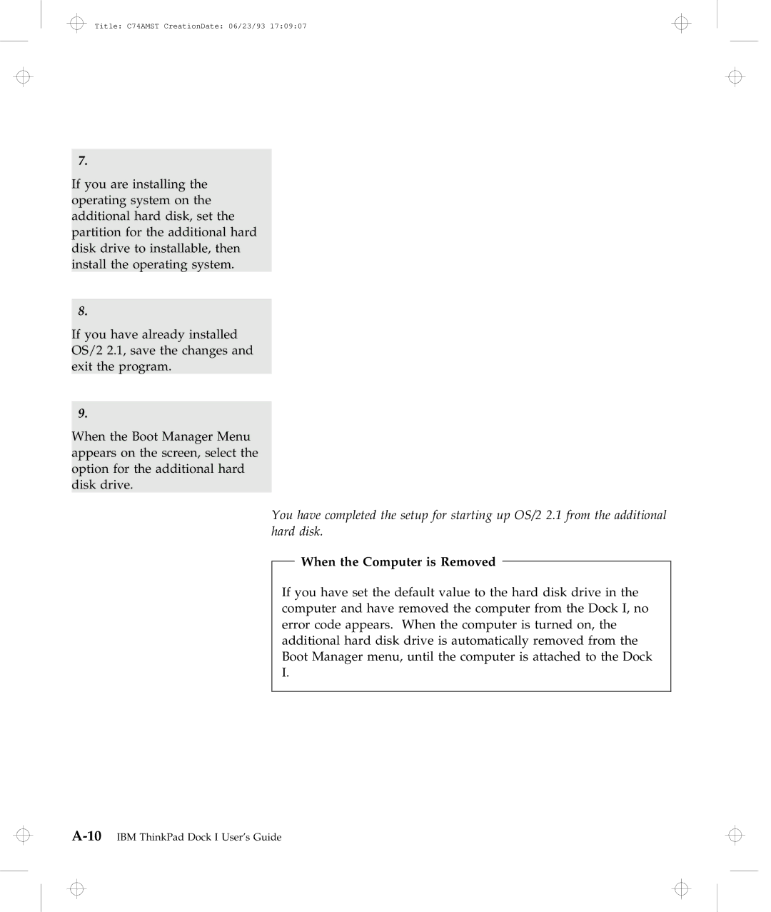 IBM Dock I manual When the Computer is Removed 