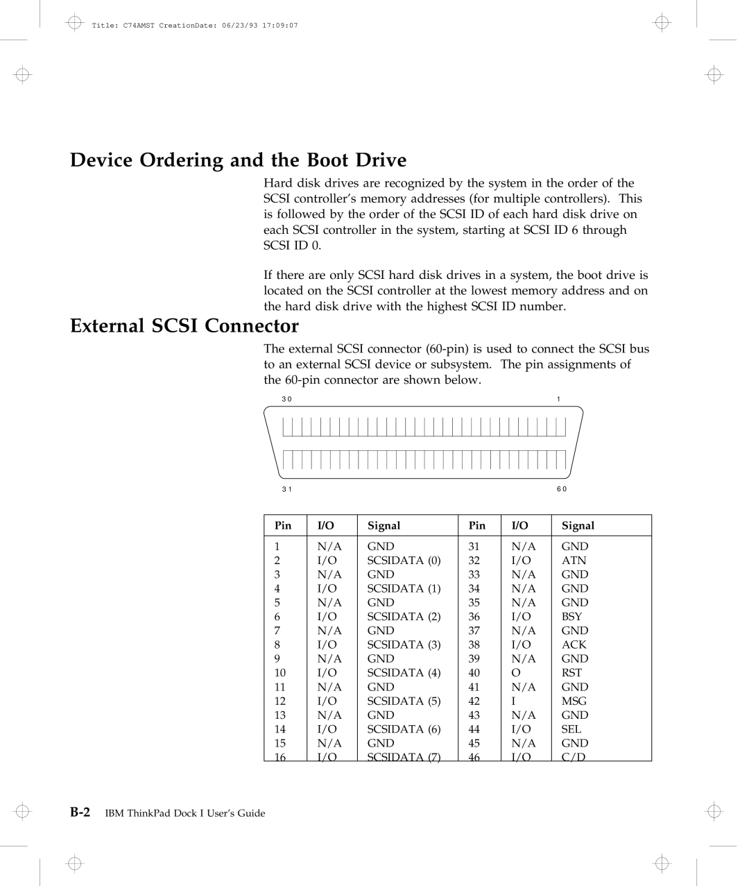 IBM Dock I manual Device Ordering and the Boot Drive, External Scsi Connector 