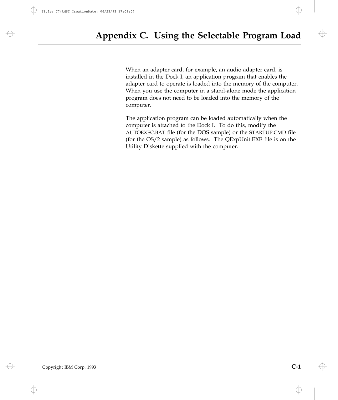 IBM Dock I manual Appendix C. Using the Selectable Program Load 