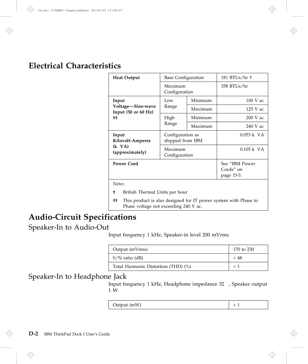 IBM Dock I Electrical Characteristics, Audio-Circuit Specifications, Speaker-In to Audio-Out, Speaker-In to Headphone Jack 