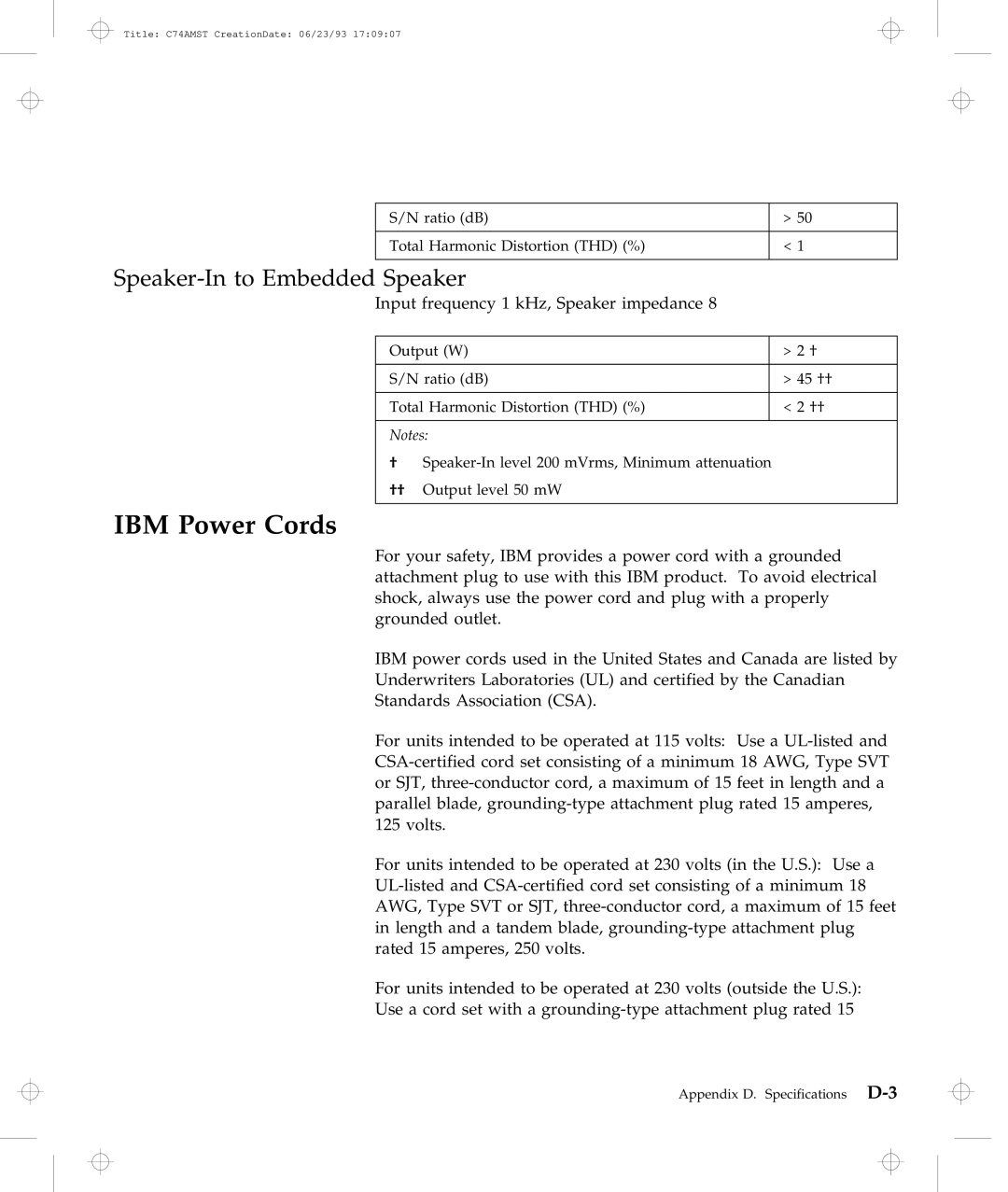 IBM Dock I manual IBM Power Cords, Speaker-In to Embedded Speaker 